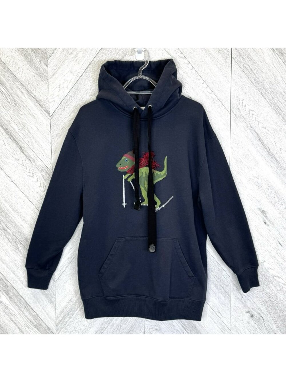 Coach Skiing Rexy Hoodie Womens Medium Oversize Navy Blue Dinosaur Camo Sequin